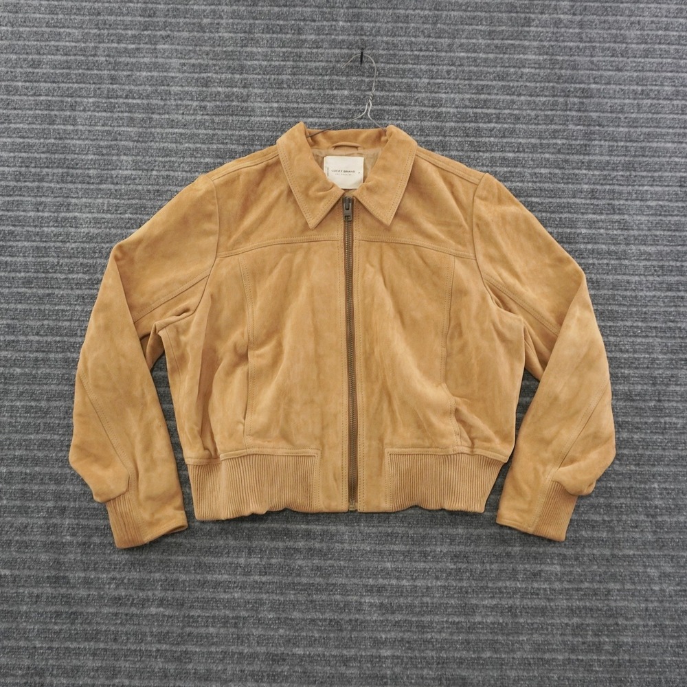 Lucky Brand Bomber Jacket Womens XL Tan Suede Full Zip Ribbed Trim